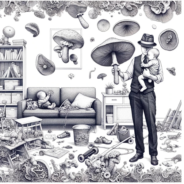 ai image of a man surrounded by mushrooms