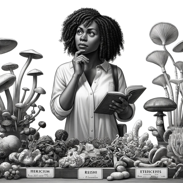 ai image of a women choosing mushrooms.