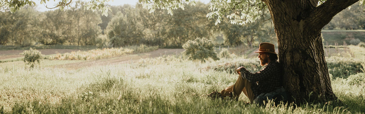 A man using lion's man for anxiety as he relaxes under a tree