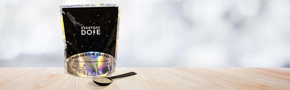 A bag of everyday dose mushroom coffee on our counter