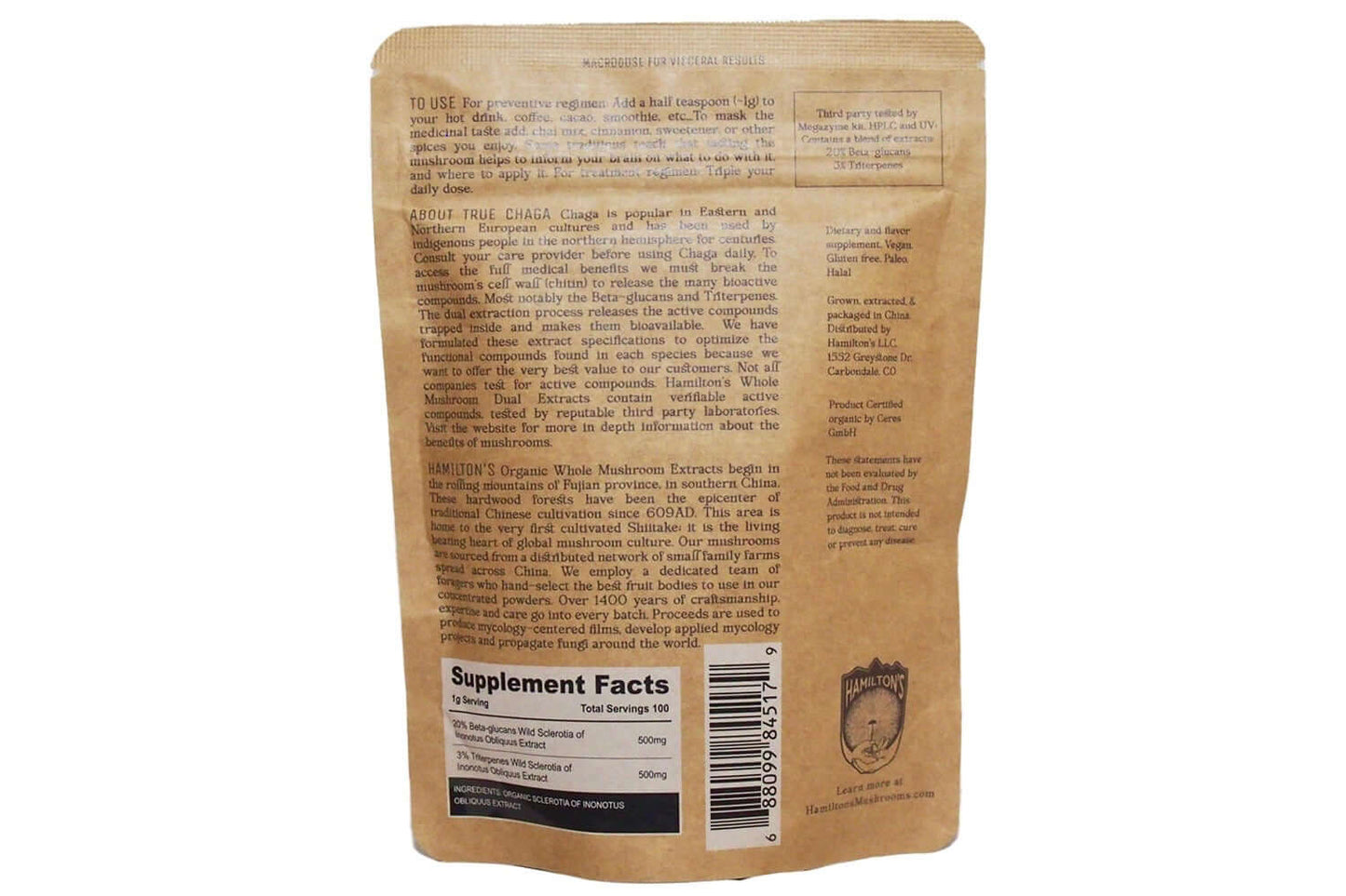 True Chaga product packaging for Hamilton's Mushrooms