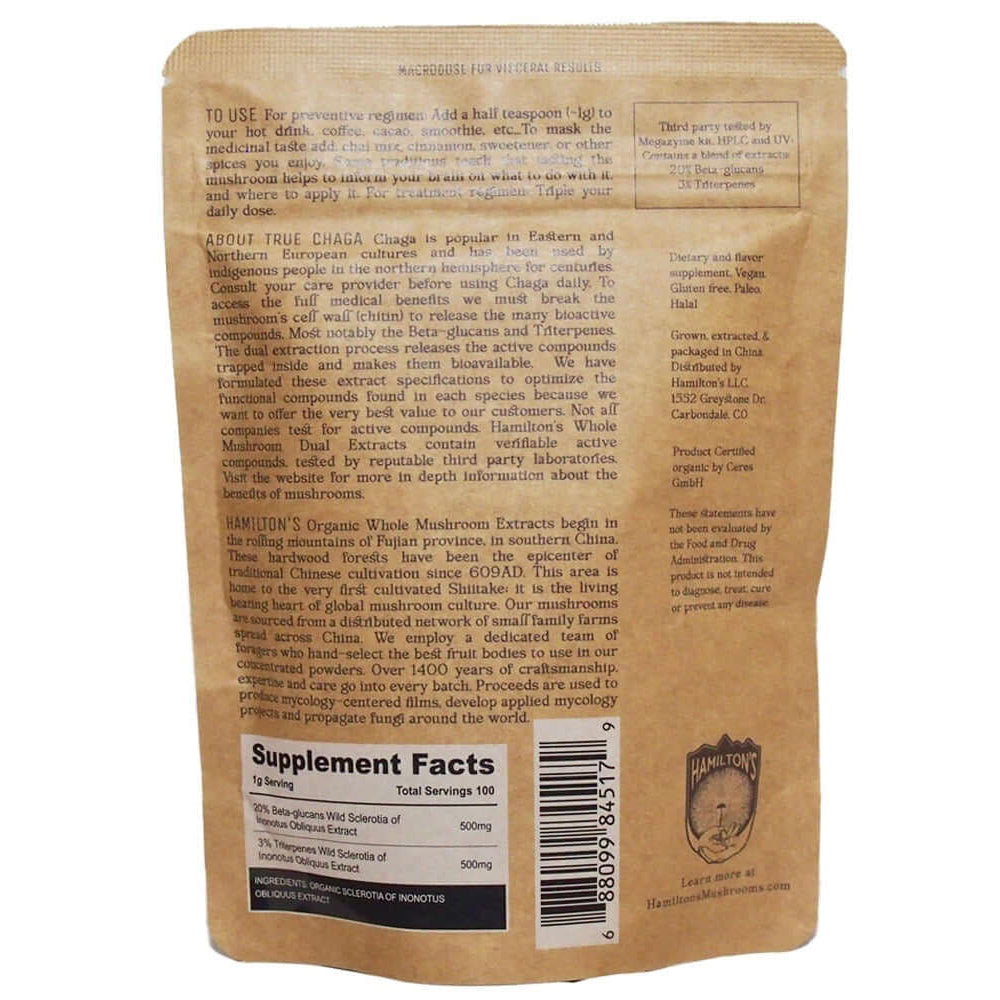 True Chaga product packaging for Hamilton's Mushrooms
