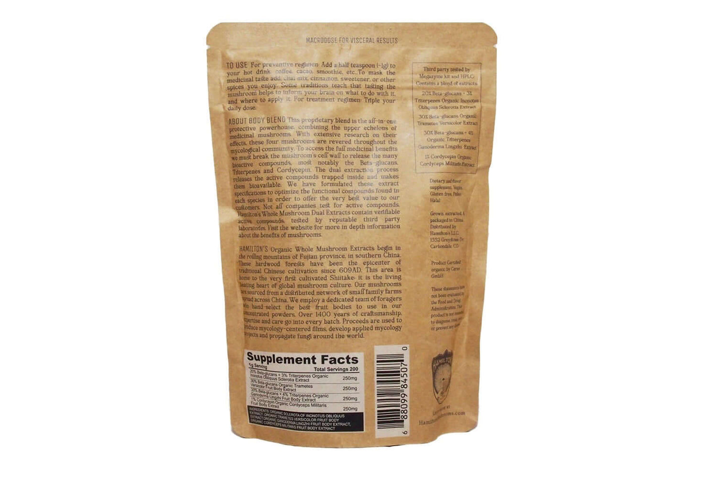 Body Blend packaging for Hamilton's Mushrooms: back