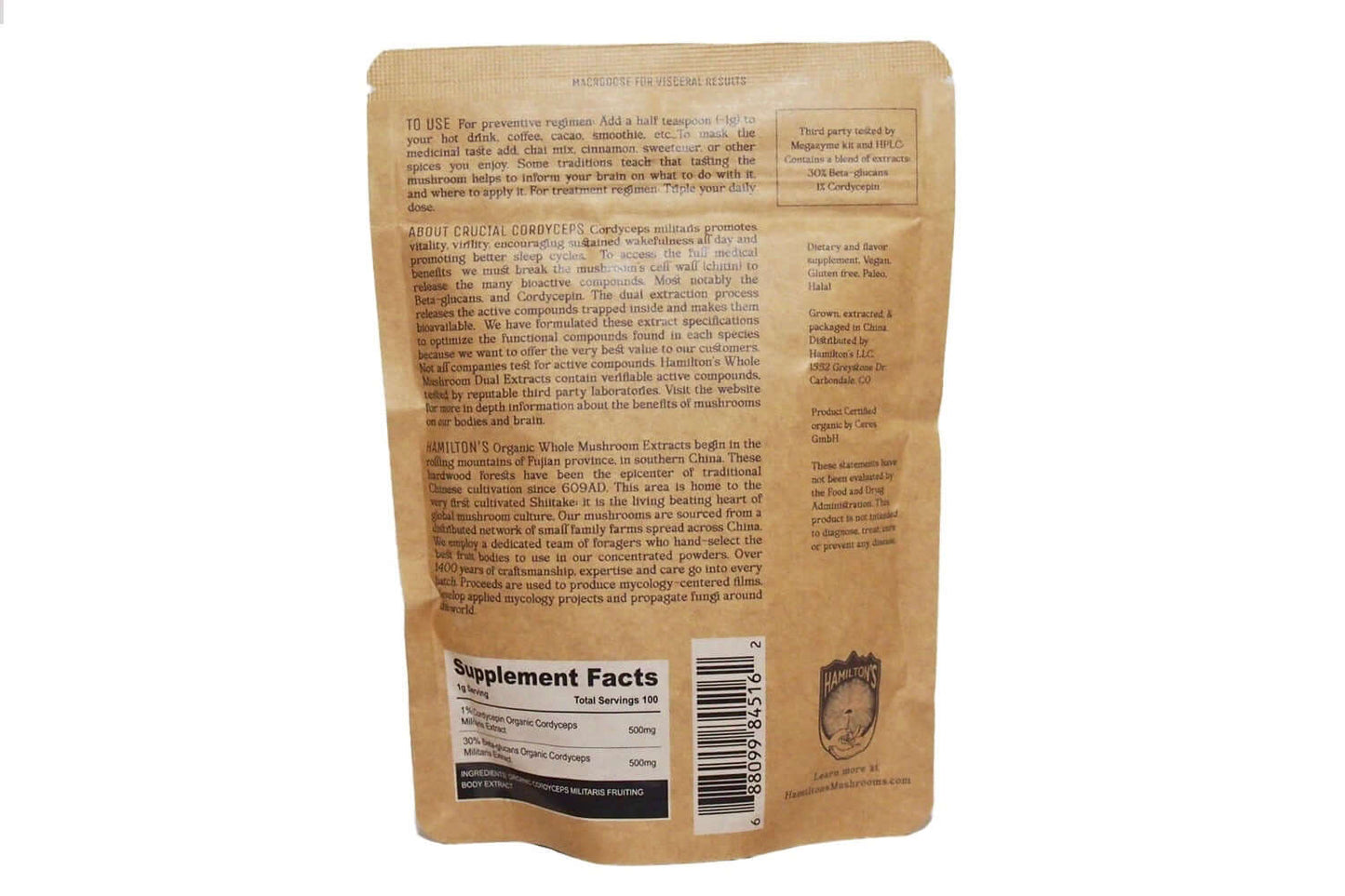 Crucial Cordyceps packaging for Hamilton's Mushrooms: back
