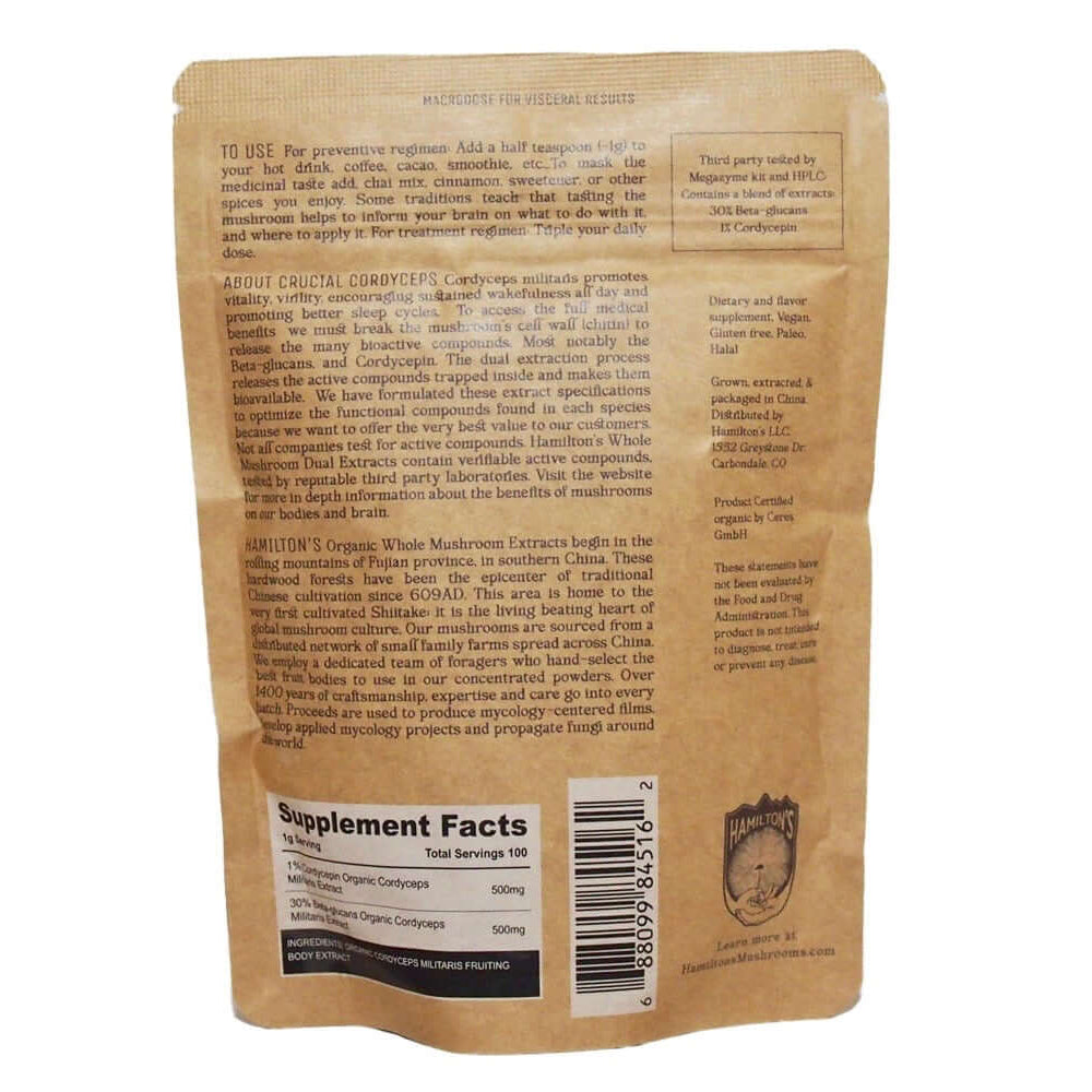 Crucial Cordyceps packaging for Hamilton's Mushrooms: back