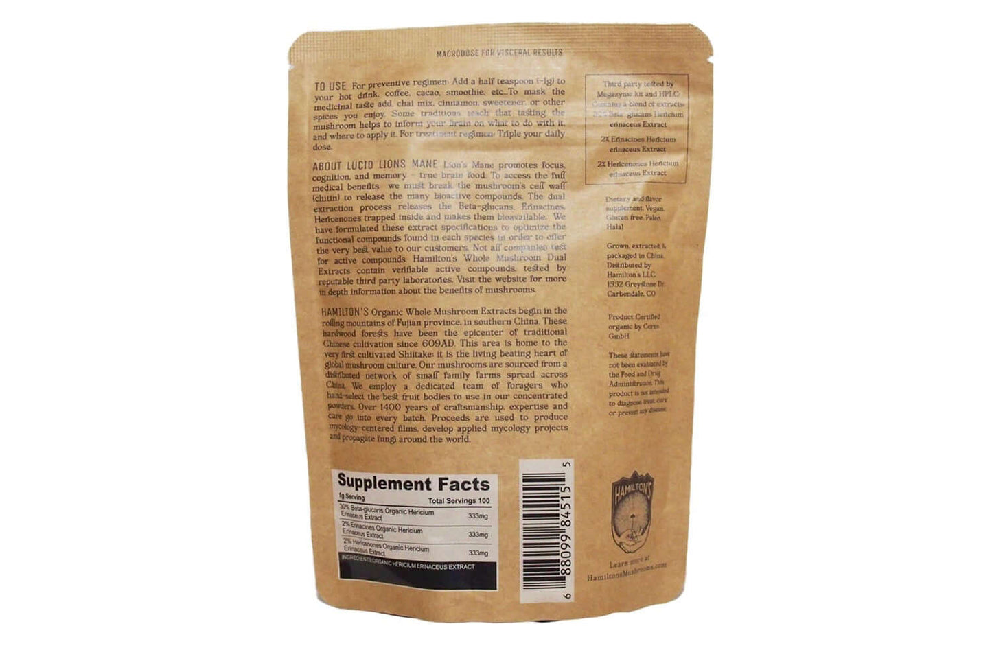 Mind Mix packaging for Hamilton's Mushrooms: back