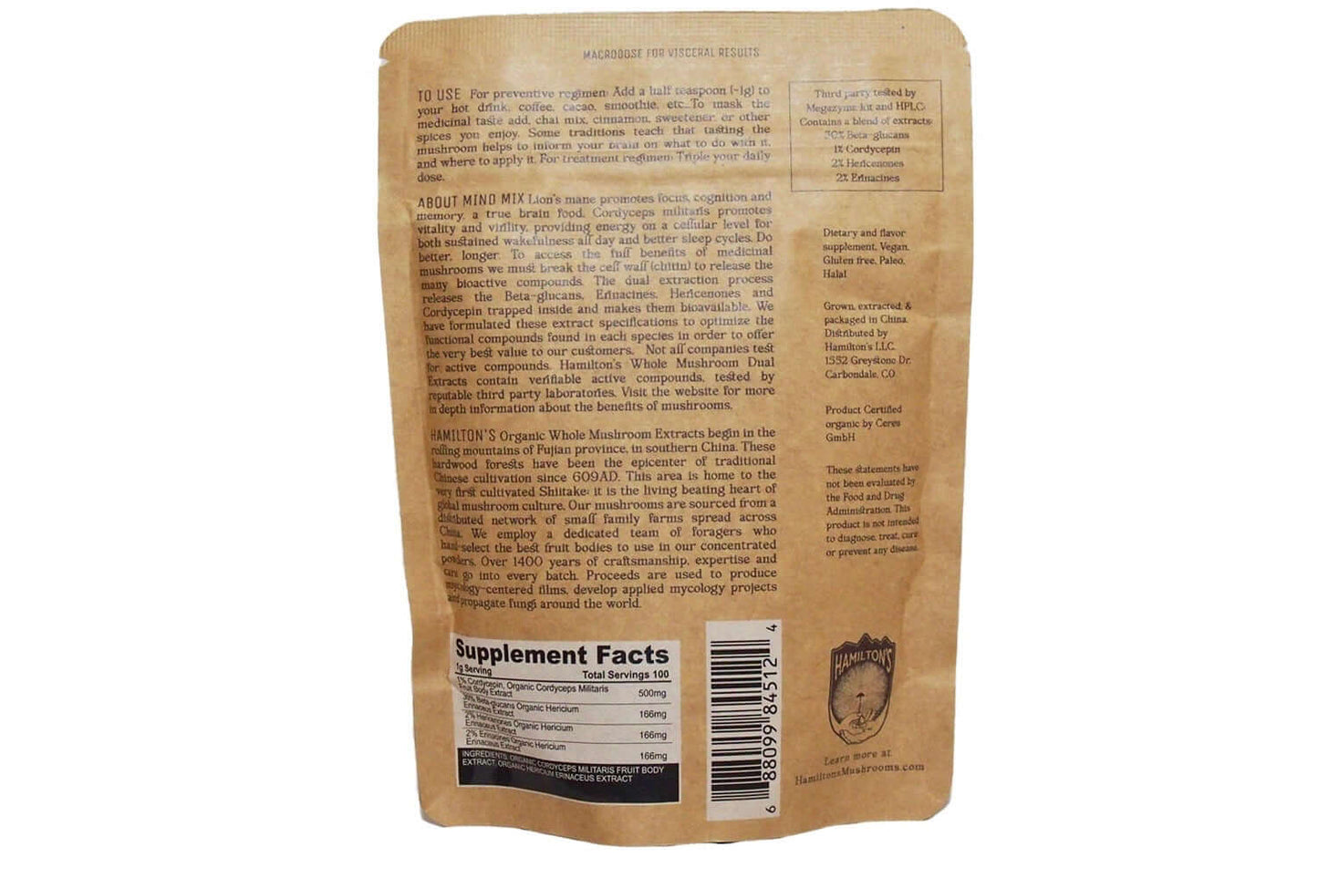 Mind Mix packaging for Hamilton's Mushrooms: back