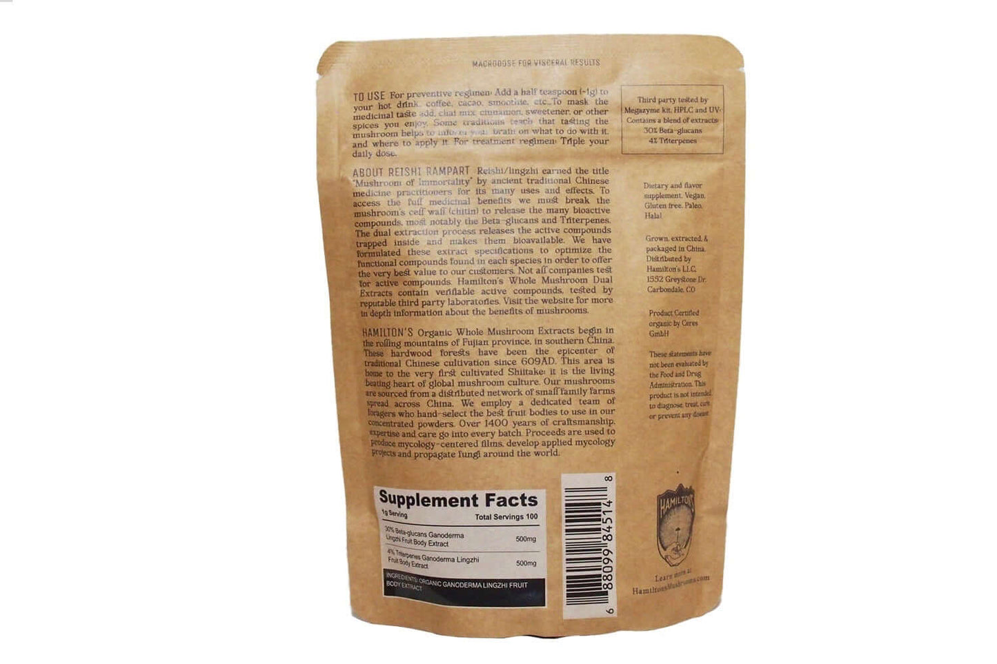 Reishi Rampart packaging for Hamilton's Mushrooms: Back