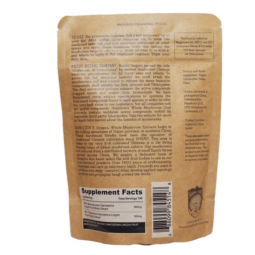 Reishi Rampart packaging for Hamilton's Mushrooms: Back