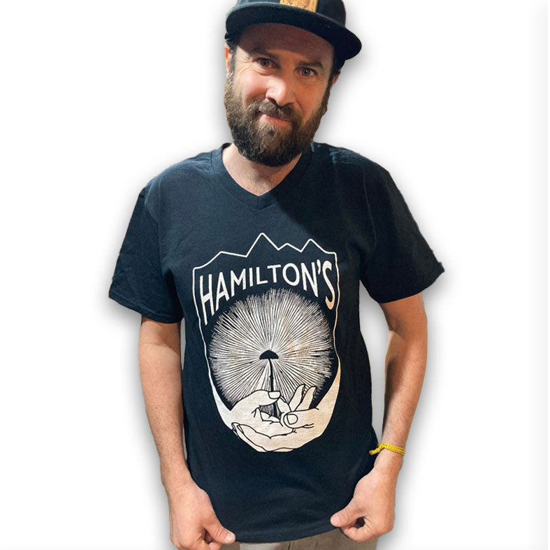 Hamilton Pevec wearing a Hamilton's Mushroom Shirt