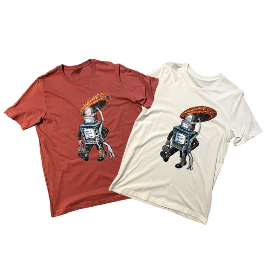 Mushroom t-shirt featuring a robot with a mushroom umbrella in red and white colors.