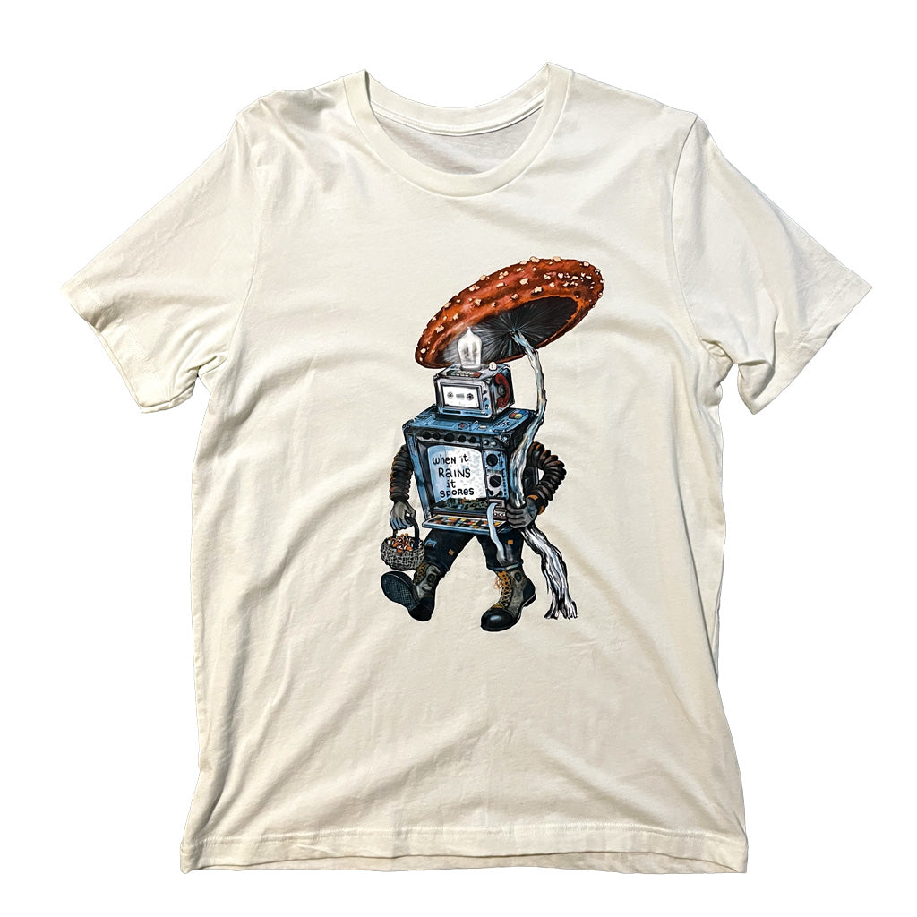 Mushroom t-shirt featuring a robot with a mushroom umbrella in white/natural.