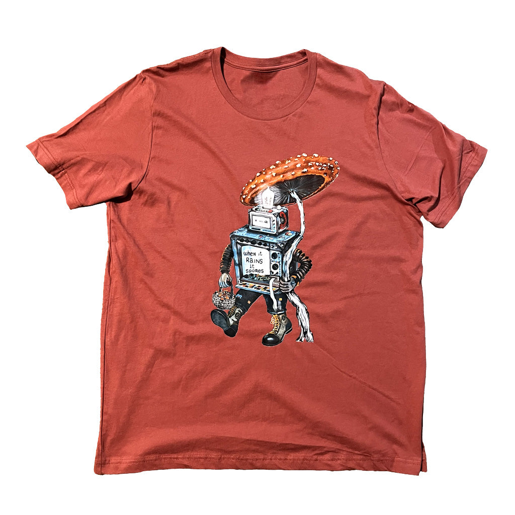 Mushroom t-shirt featuring a robot with a mushroom umbrella in red.