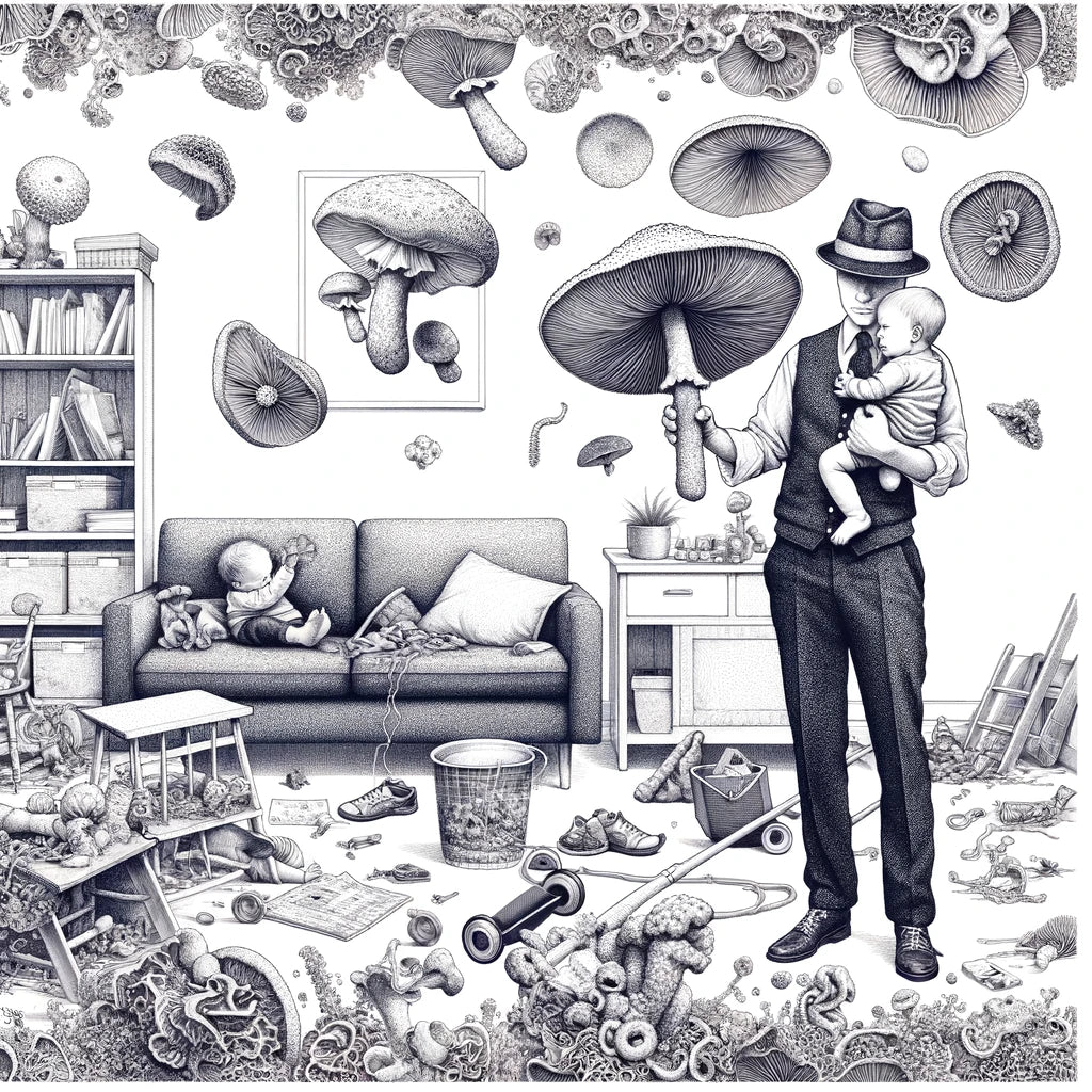 ai image of a man surrounded by mushrooms