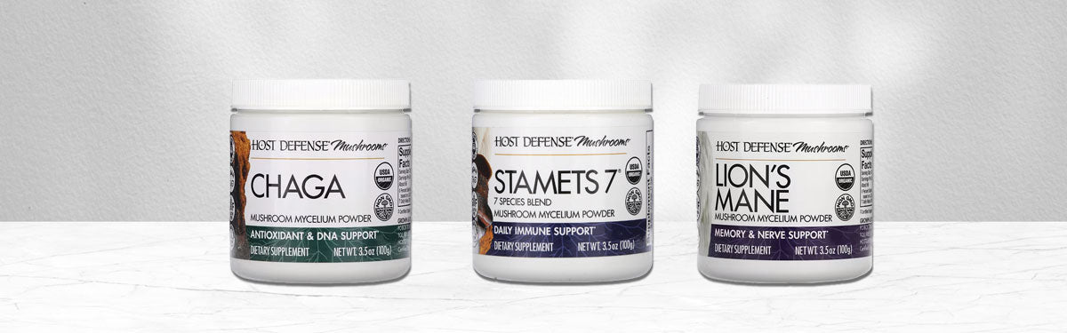 Chaga, Stamets 7, and Lion's Mane powders from Host Defense 