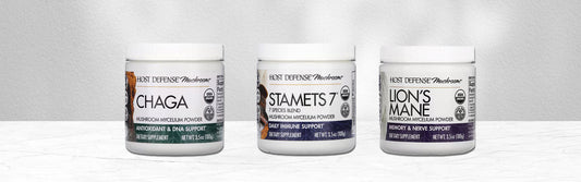 Chaga, Stamets 7, and Lion's Mane powders from Host Defense 
