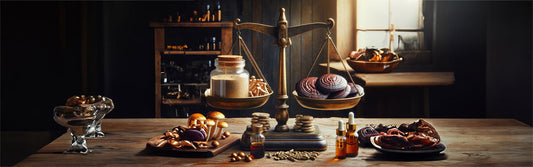 Mushroom Supplements on a scale.