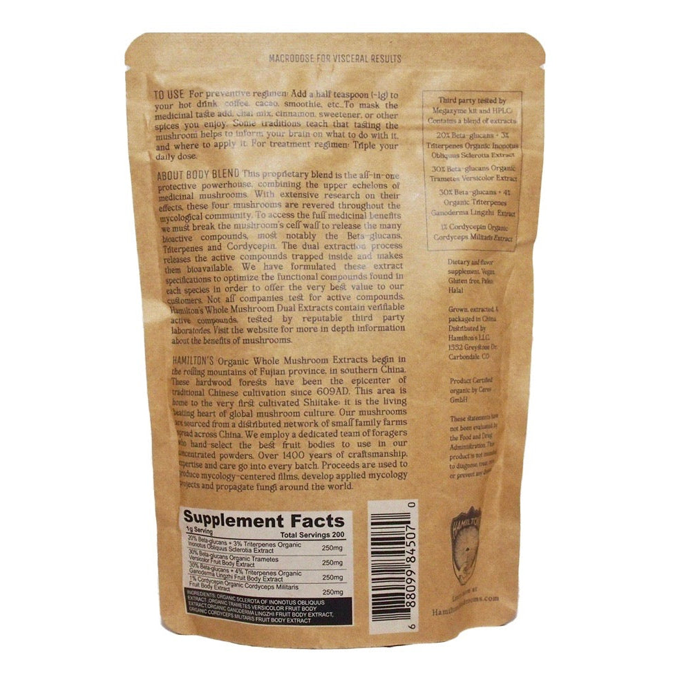 Hamilton's Mushrooms Body Blend (Wholesale) This proprietary blend balanced to perfection, is the all-in-one for the self healer who wants to cover all the bases. Use it as a daily tonic, or "macrodose". These four fungi are the upper echelon of functiona