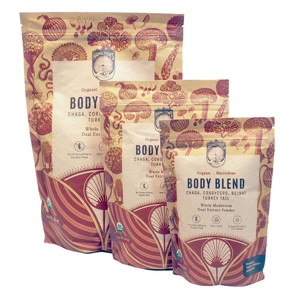 Hamilton's Mushrooms Body Blend (Wholesale) This proprietary blend balanced to perfection, is the all-in-one for the self healer who wants to cover all the bases. Use it as a daily tonic, or "macrodose". These four fungi are the upper echelon of functiona