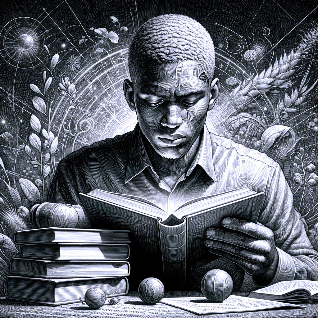 A computer generated image depicting a man focused, reading a book.