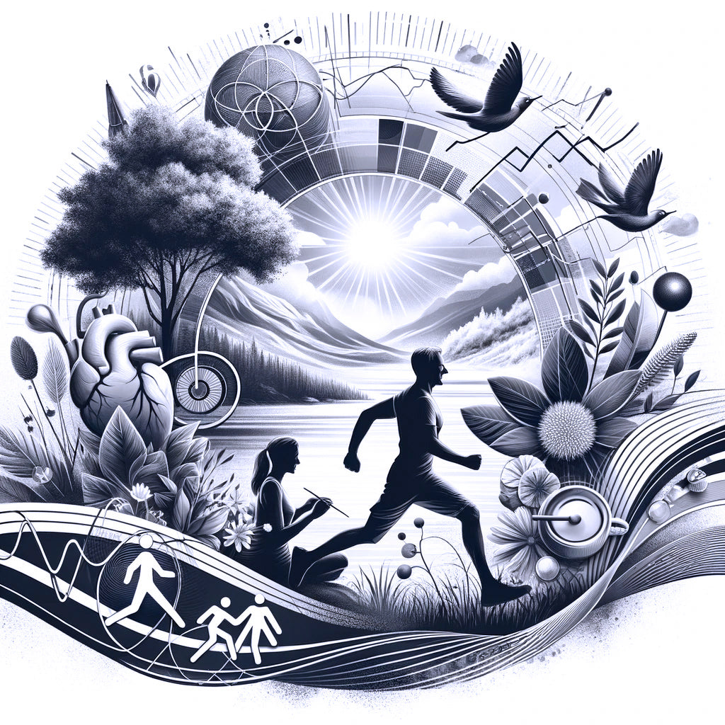 A computer generated image depicting a man jogging and a woman painting, live a life full of vitality.