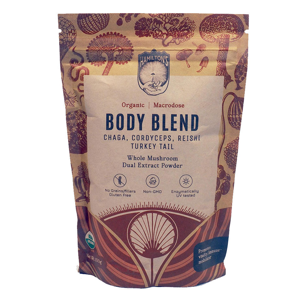 Hamilton's Mushrooms Body Blend (Wholesale) This proprietary blend balanced to perfection, is the all-in-one for the self healer who wants to cover all the bases. Use it as a daily tonic, or "macrodose". These four fungi are the upper echelon of functiona
